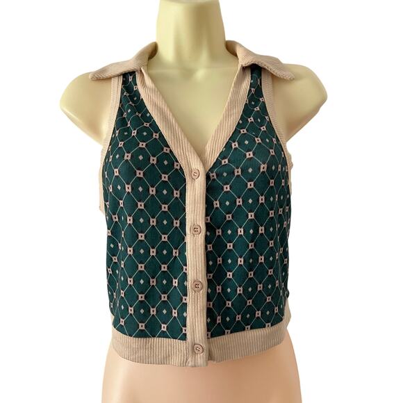 SHEIN Green Retro Print Knit Vest Crop Top Collar Woman Size XS - Picture 1 of 8